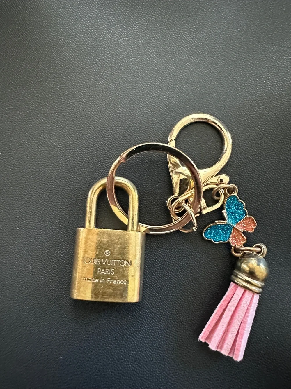 Louis Vuitton Gold Padlock Key Charm with Pink Tassel & Blue-Pink Butterfly